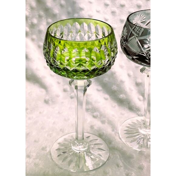 Val St. Lambert Set of (3) Color (Red, Green, Black) Cut Crystal Wine Hocks - Picture 5 of 8